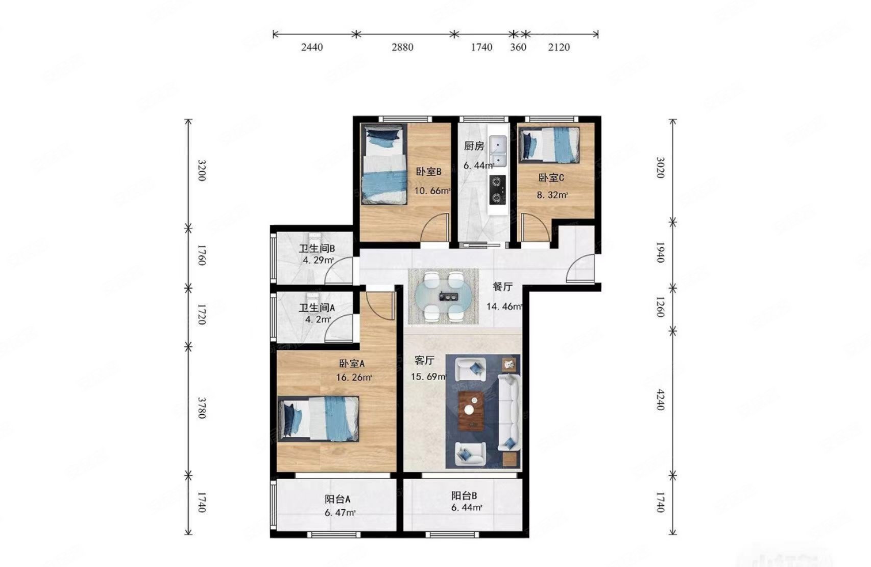 保利玫瑰湾3室2厅2卫248万86.49平方米