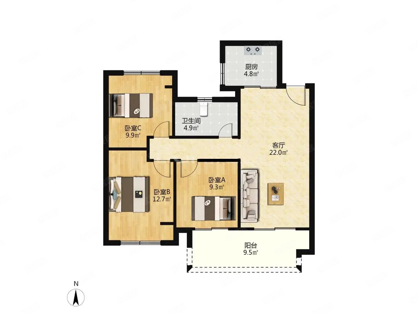 南山维拉3室2厅1卫92㎡南北119万