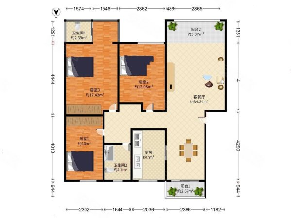 前海花园3室2厅2卫95㎡北638万