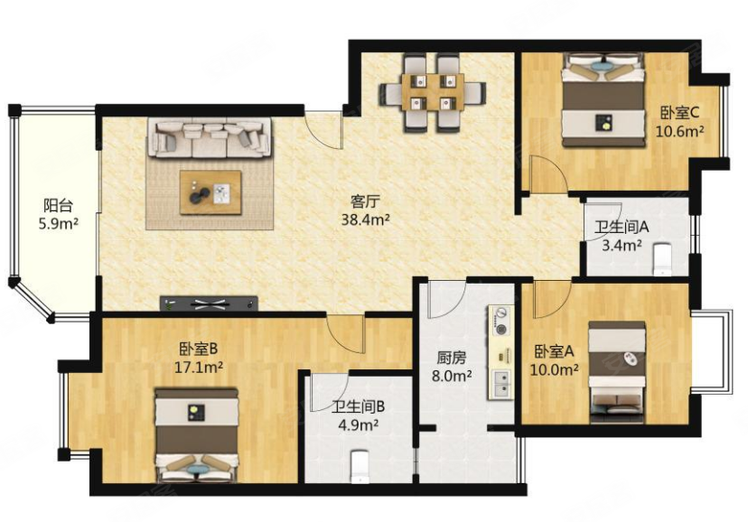 新新家园3室2厅2卫113.21㎡东南82万