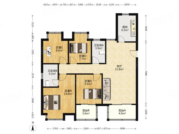 南部新城次新房保利堂悦4室2厅2卫全天采光餐客厅一体全明户型