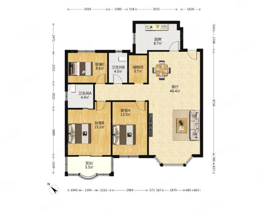 锦汇花园2楼大套三双卫1298平