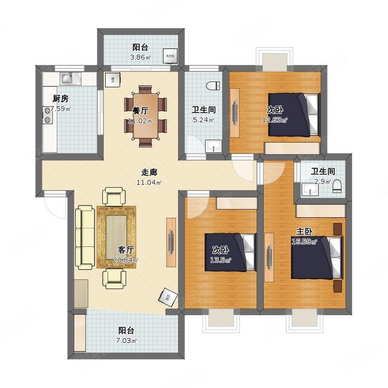 御澜山3室2厅2卫103.07㎡南北62万
