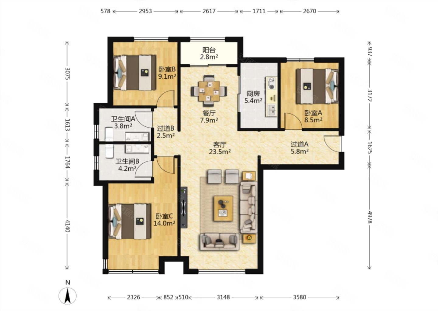 西派国际3室2厅2卫113.48㎡南北249万