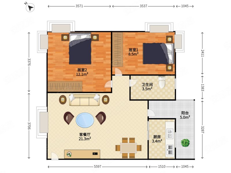 天健世纪花园2室2厅1卫75.99㎡东南606万