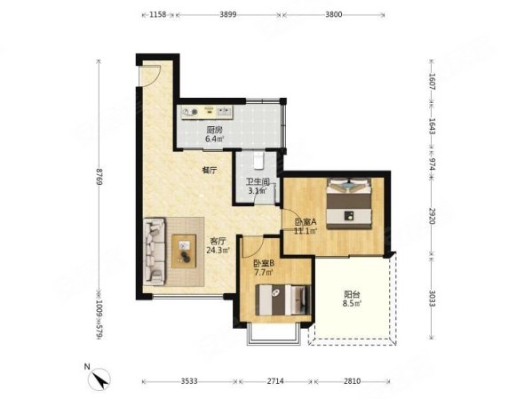 英达钰龙园2室2厅1卫71.74㎡南北442万