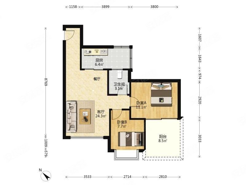 英达钰龙园2室2厅1卫71.74㎡南北442万