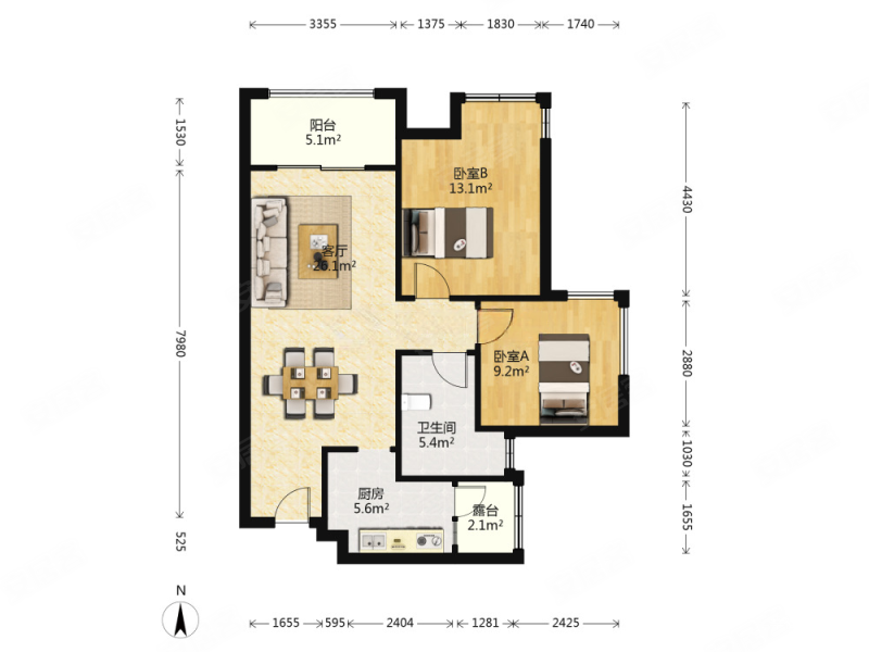 置信丽都花园城d区(外侧)2室2厅1卫98㎡南北169万