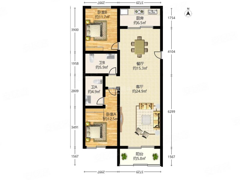 琨御府(公寓住宅)2室2厅2卫111.49㎡南北1790万