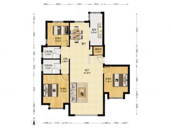 懿品御府3室2厅2卫136.74㎡南北516万