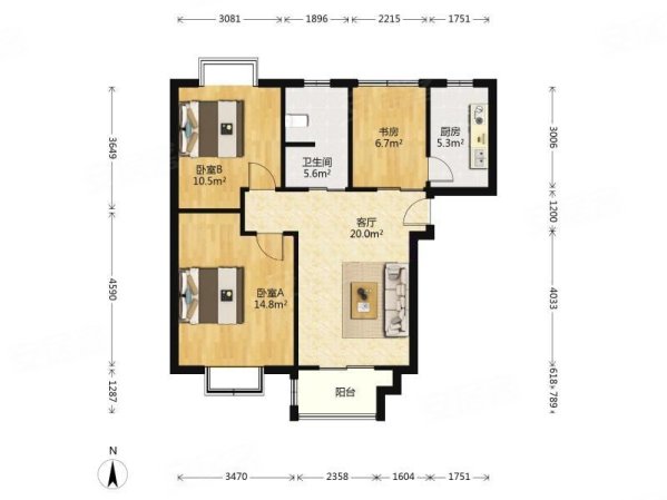 东方吉苑2室2厅1卫92.59㎡南北680万