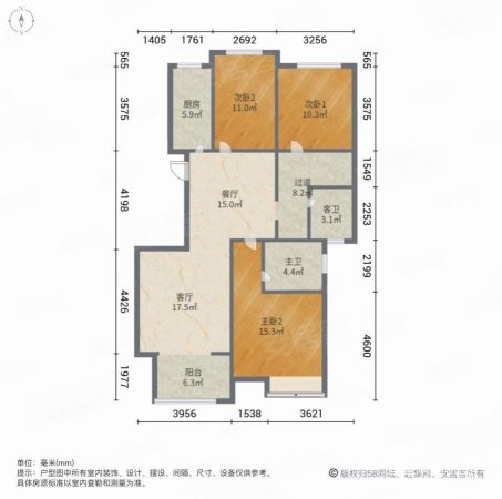 星汇半岛二期领域3室2厅2卫89㎡南北72万