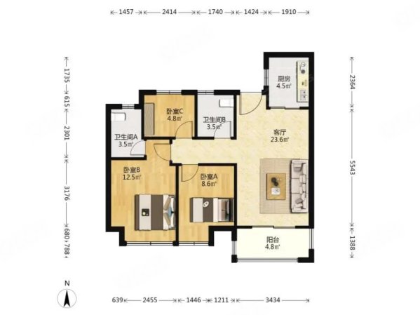 中海光谷锦城3室2厅2卫90.33㎡南北116.9万