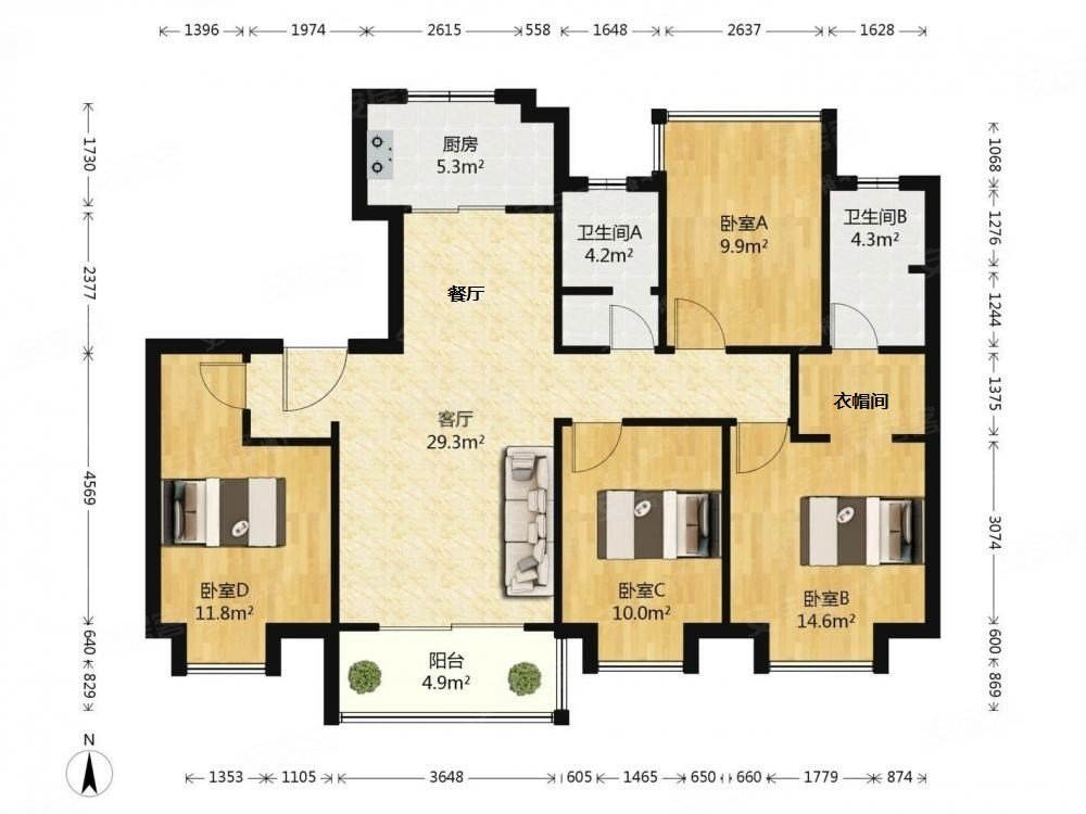 公元天下4室2厅2卫126㎡南北240万