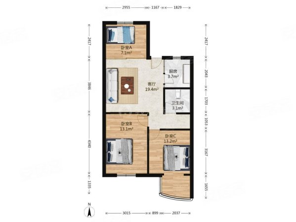 双兴南区3室1厅1卫85.86㎡南北266万