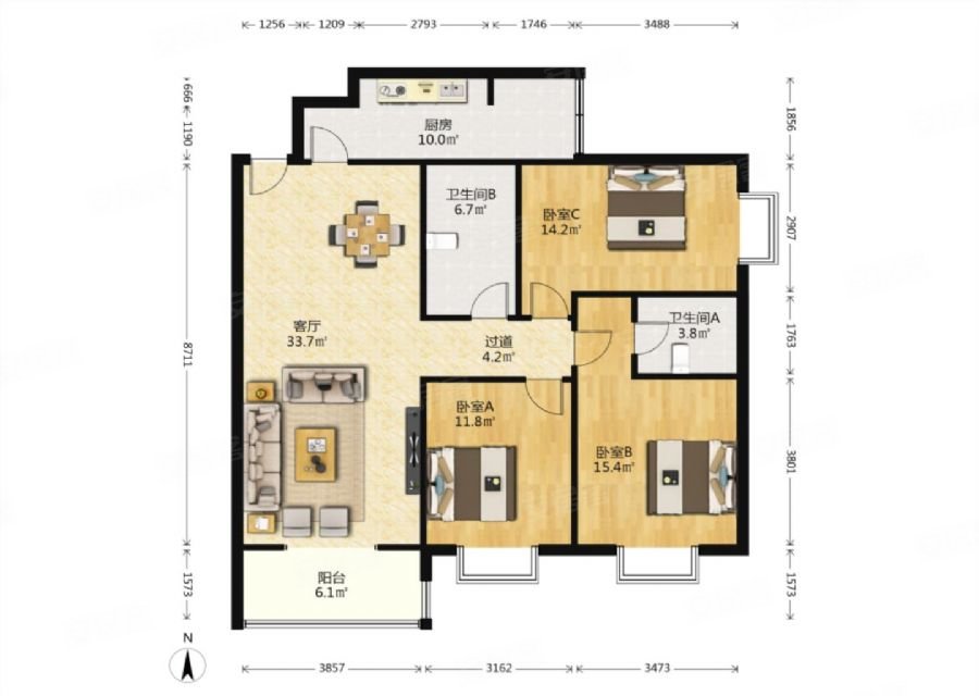 先看户型,三面朝南,小高层两梯四户诚心出售可拎包入住,辰宫双河湾