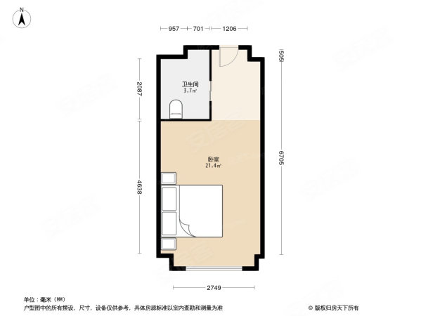 上合U领寓1室0厅1卫45.44㎡南北23万