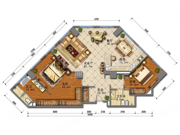 北京朝阳国贸梵悦108梵悦108经典钻石户型,260平米的大两居室,居住