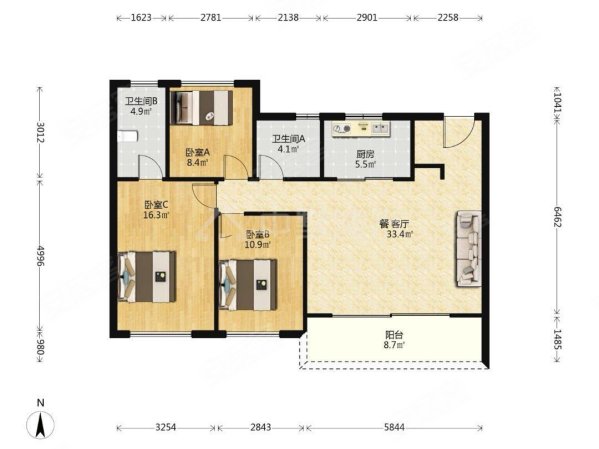 星河万里小区3室2厅2卫115㎡南北160万