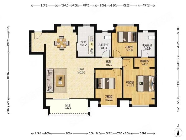 富力科创城3室2厅2卫125㎡南北88.8万