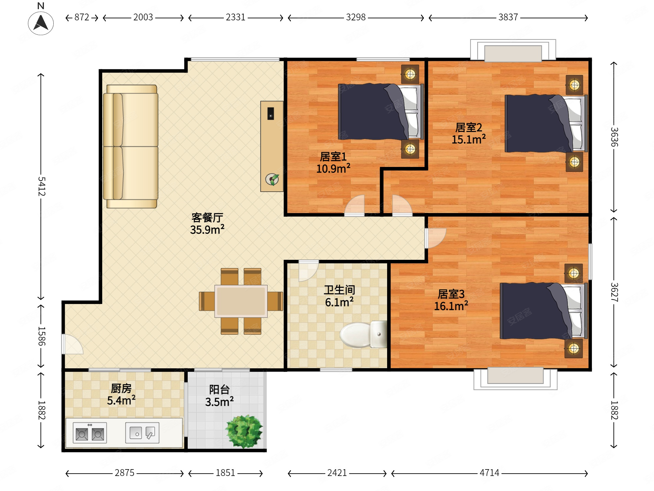荟雅苑3室2厅2卫118.84㎡东南990万