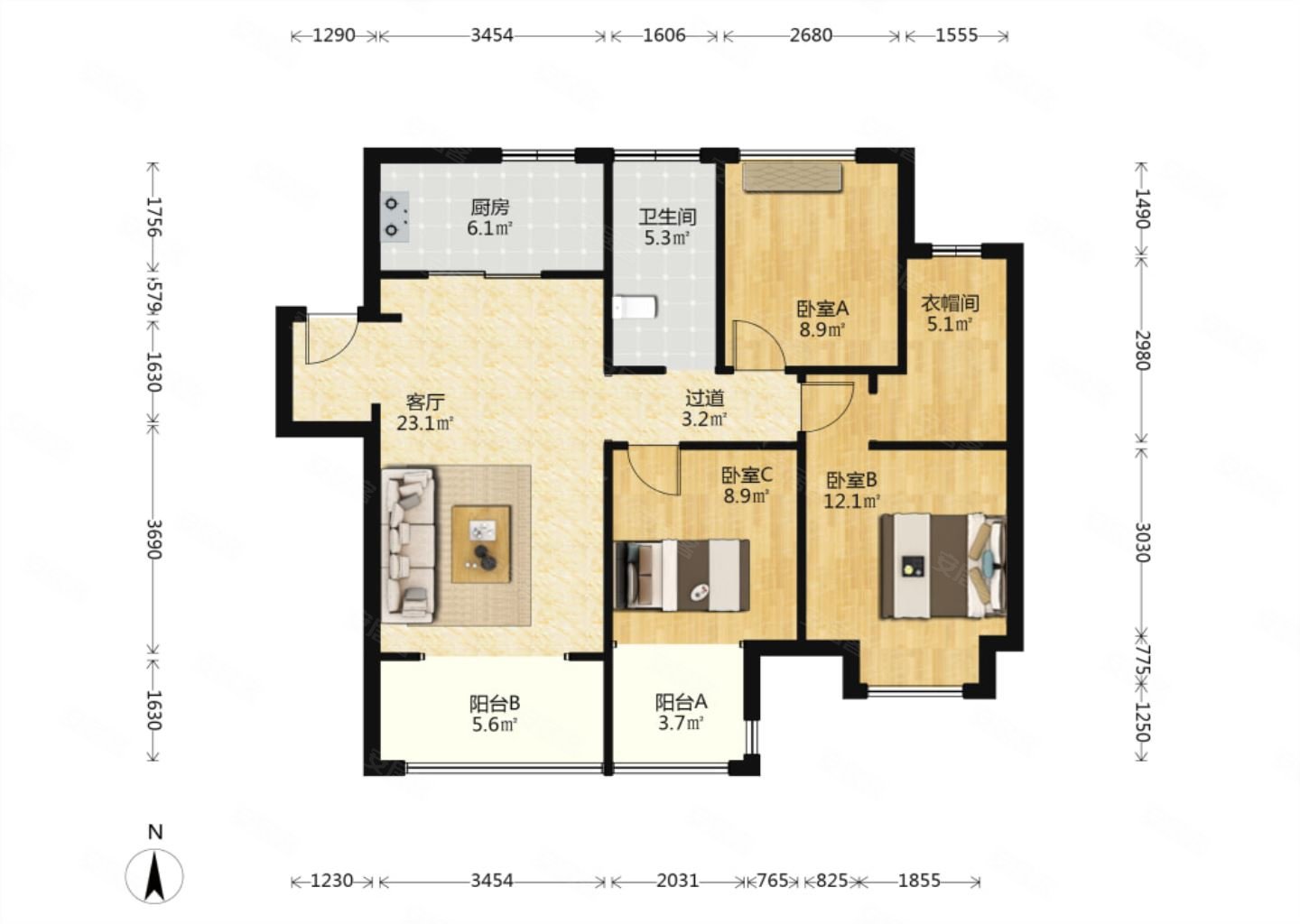 华润江南府(北区)3室2厅1卫107.05㎡南北165万