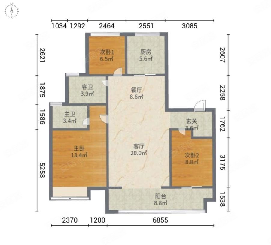 万科劝学里3室2厅2卫118.95㎡南北118.8万