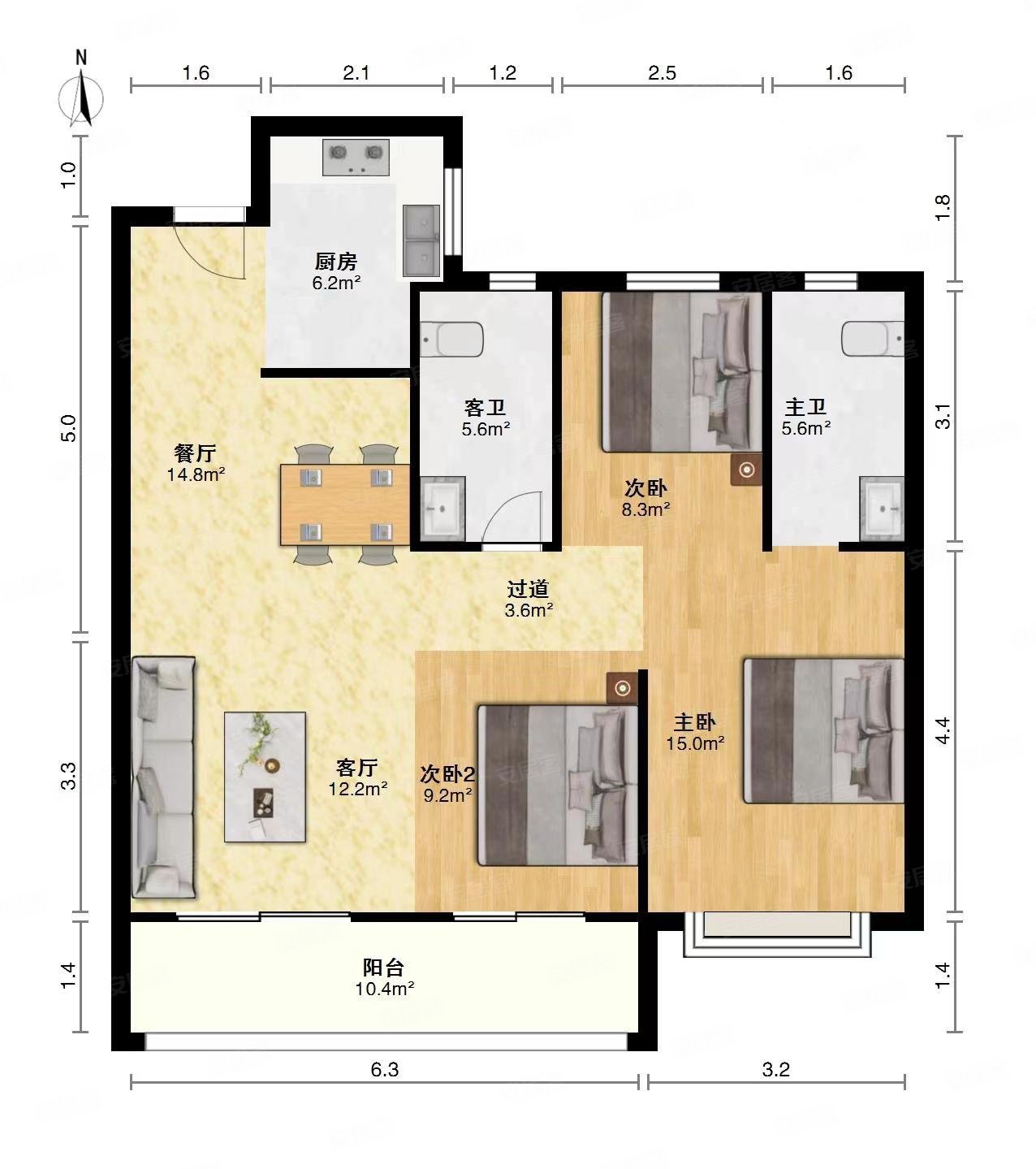 正荣紫阙台3室2厅2卫110.83㎡南北178万