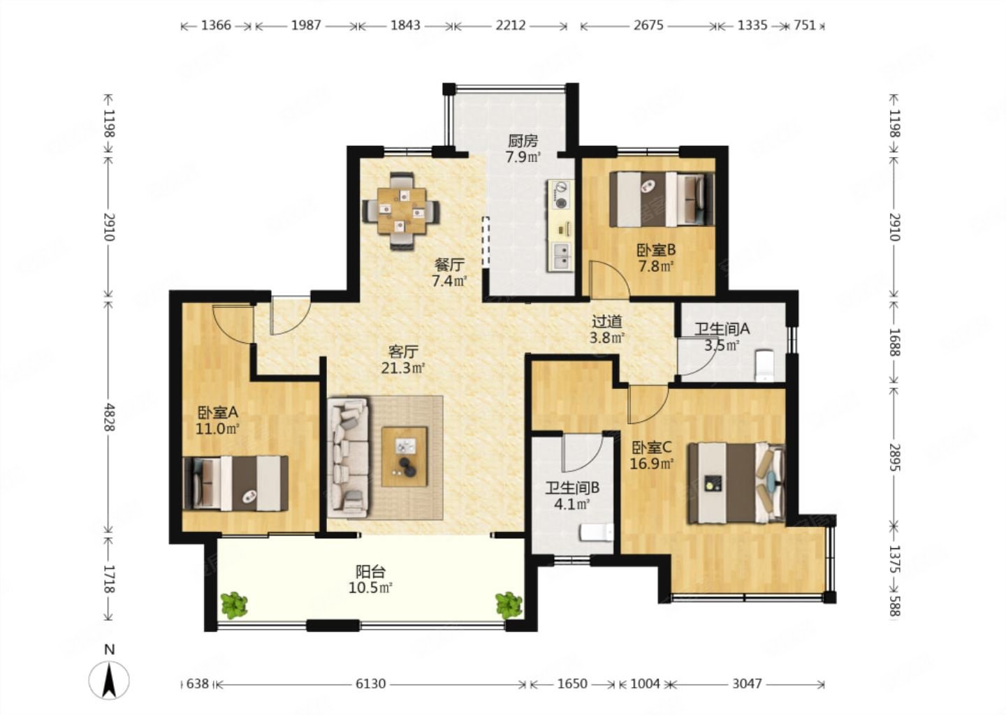 昆仑首府3室2厅2卫125㎡南北245万