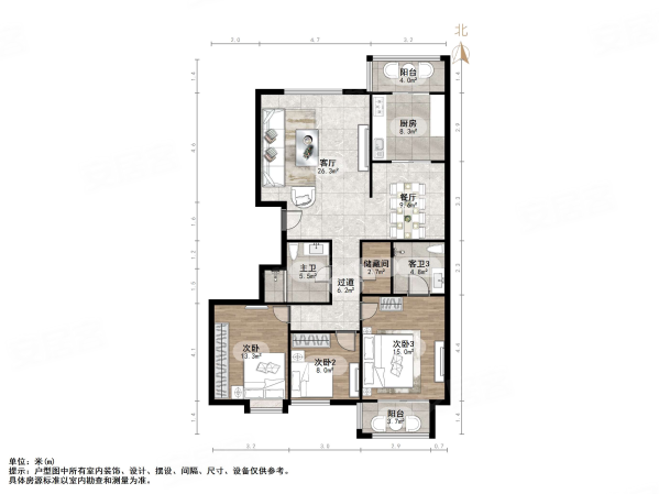 金羚名人大第3室2厅2卫153㎡南北215万