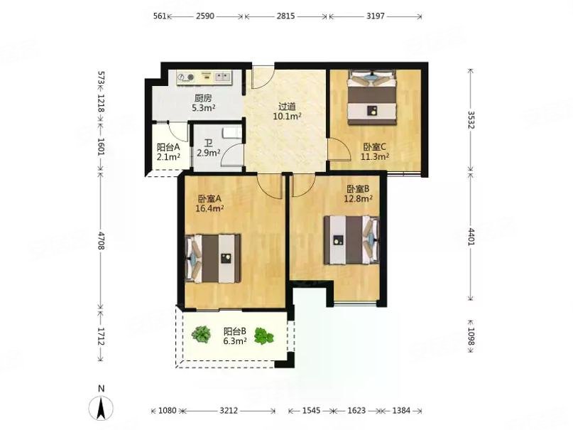 中建御景星城(景园)2室2厅1卫92.01㎡南155万