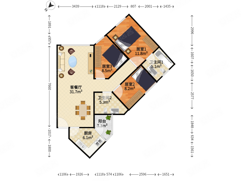 皇都广场3室2厅2卫107.94㎡南440万