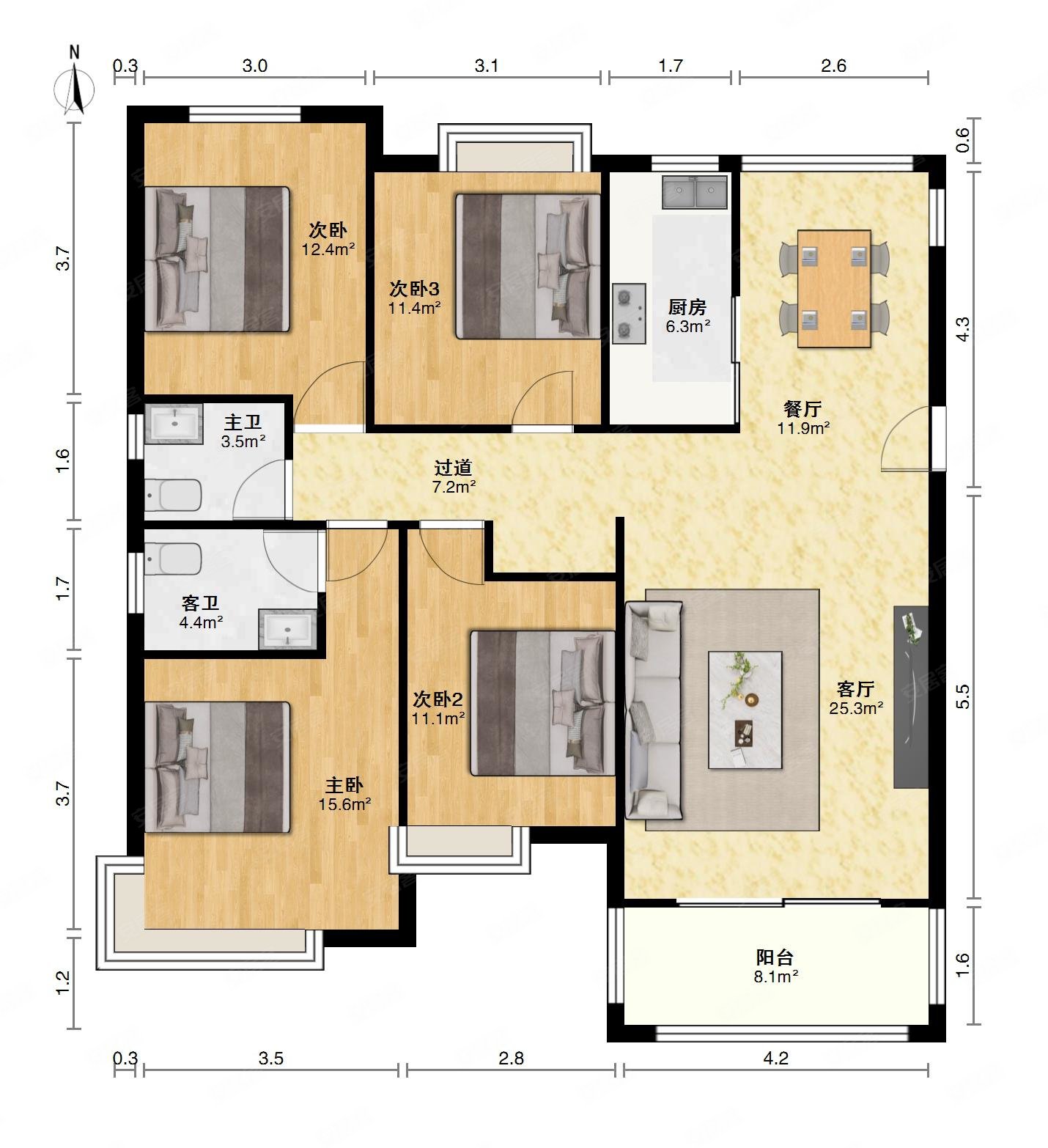 汇仁阳光花园4室2厅2卫125.28㎡南北125万