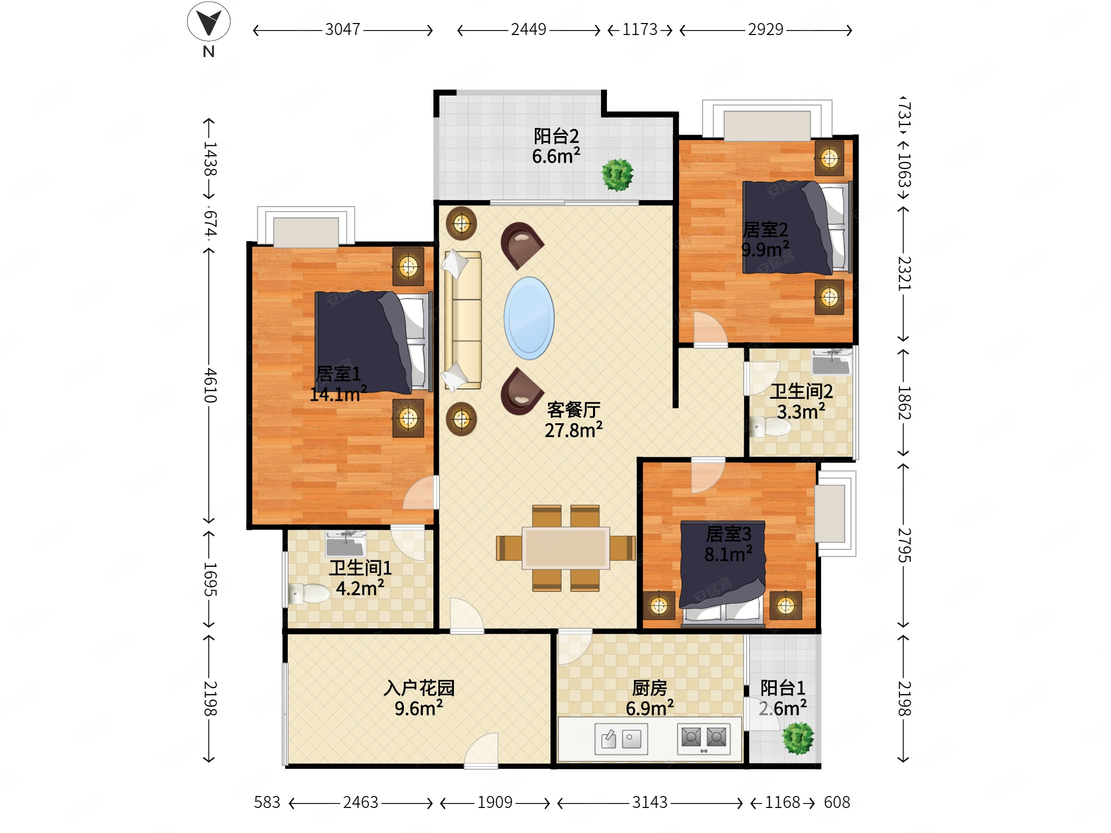 绿地公馆118平大三房可以四房户型朝南很通风