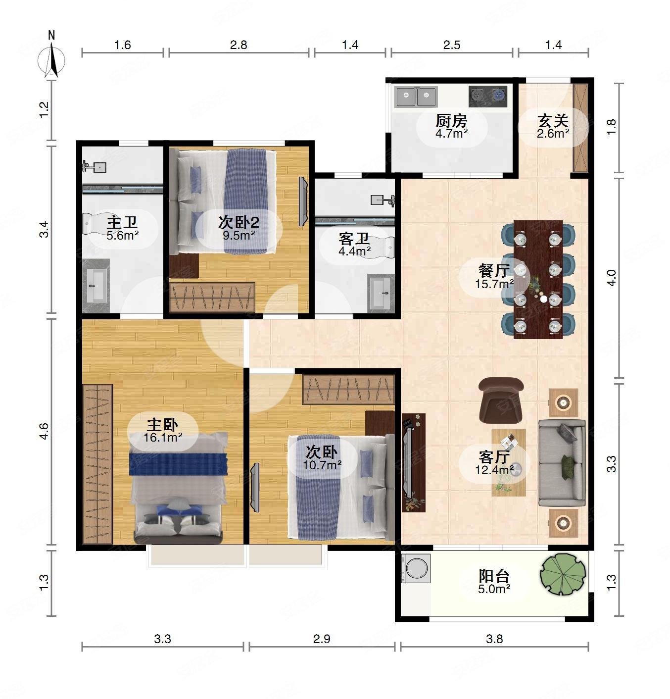 东原启城(二期)3室2厅2卫119.17㎡南北185万