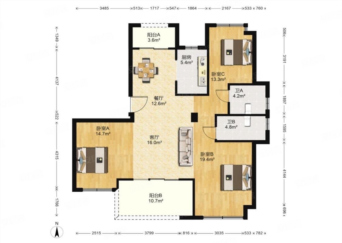 开元万科新都会3室2厅2卫94.77㎡南北148万