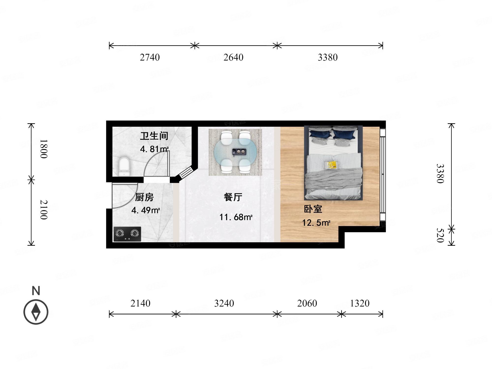 和达城(商住楼)1室1厅1卫44.1㎡东68万