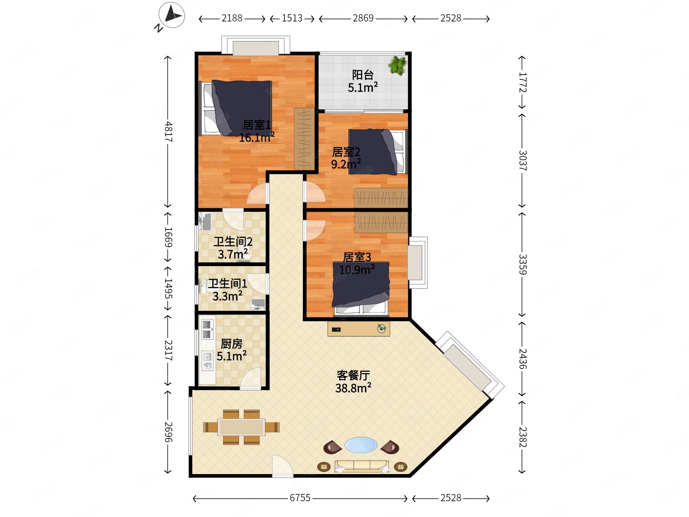 南华花园116平3房2卫,大花园社区,近华强北近地铁!