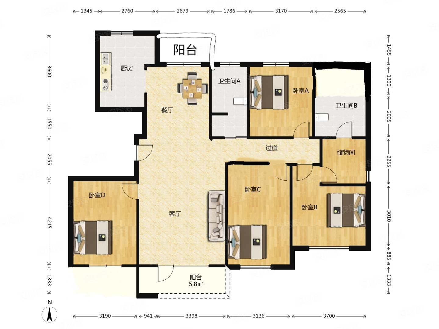 银河丽湾4室2厅3卫177.95㎡南北379万