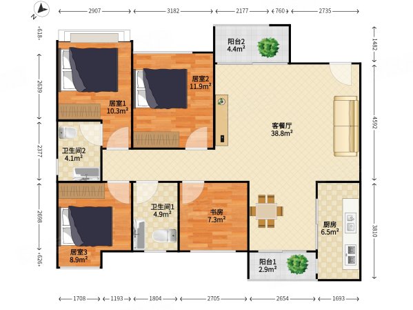 豪方天际4室2厅2卫124.48㎡东南1050万