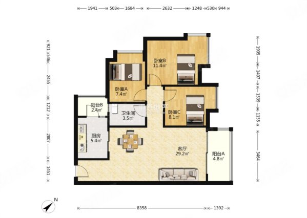 岭南新世界3室2厅1卫85.95㎡南北318万