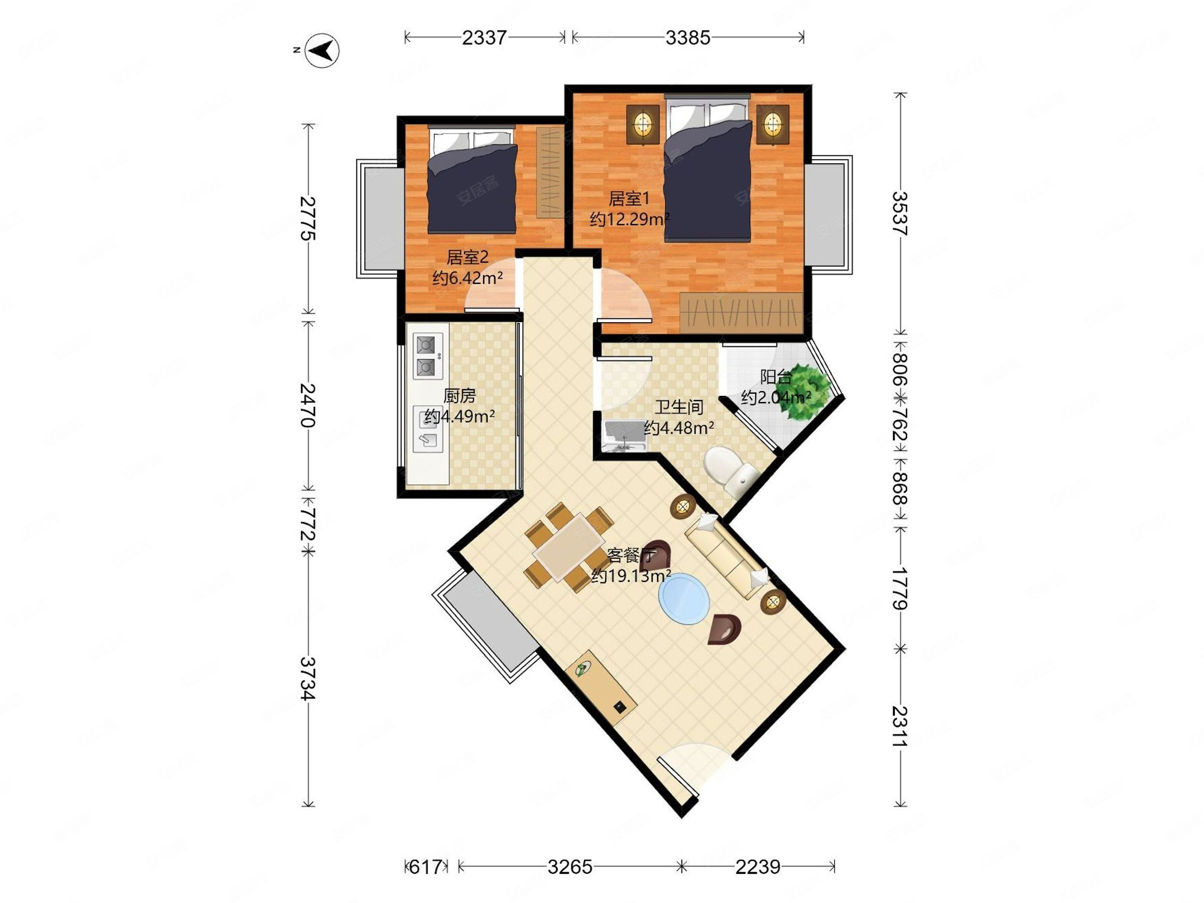 城市杰座2室2厅1卫69.66㎡南北420万