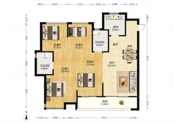 泓玺台4室2厅2卫125.74㎡南北240万
