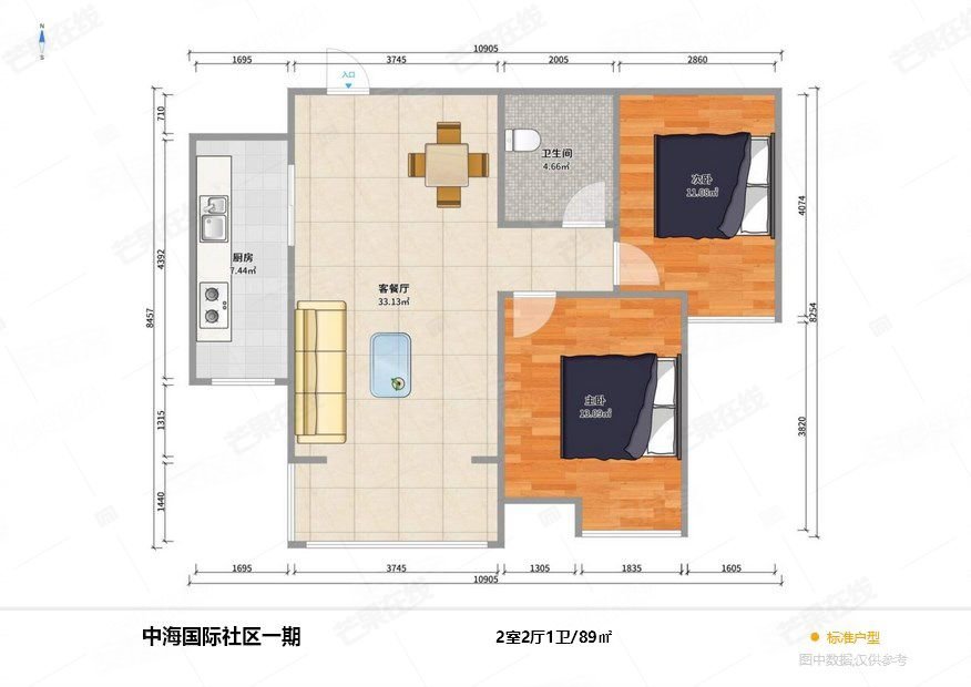 中海国际社区(一期)2室2厅1卫88.77㎡南108万