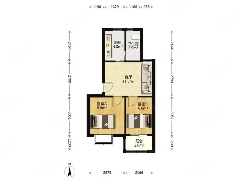 枫霞雅苑2室2厅1卫70㎡南北54万