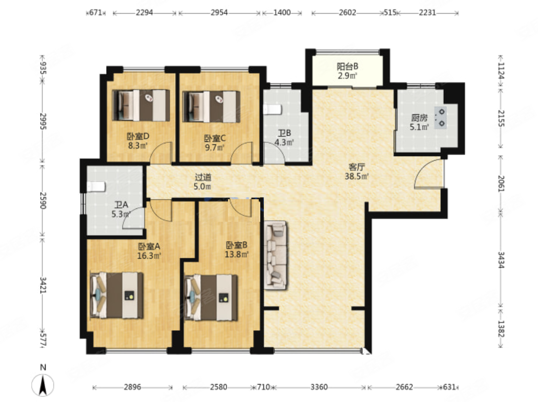 富丰君御大4房,南北通透户型,通风很好.