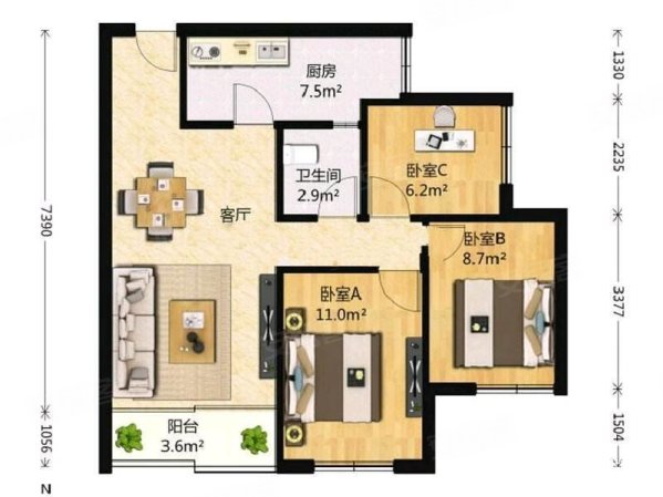 东仓小区3室2厅2卫100㎡南北92.8万