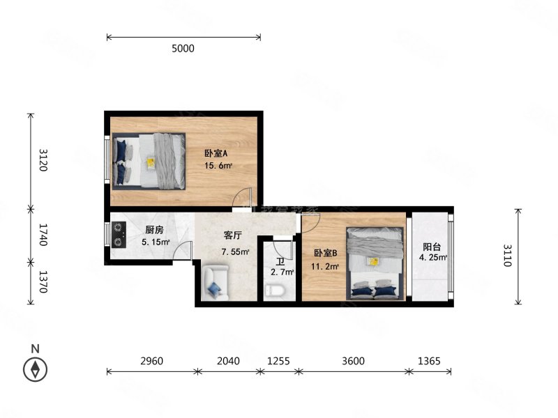 向军北里2室1厅1卫60.44㎡东西500万