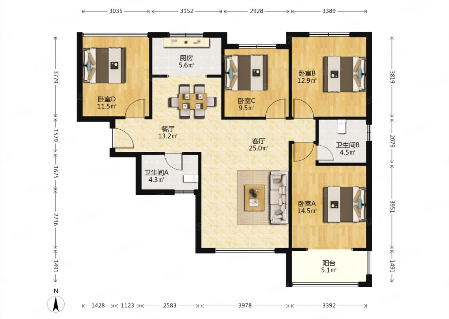 阳光台3654室2厅2卫132.32㎡南213万