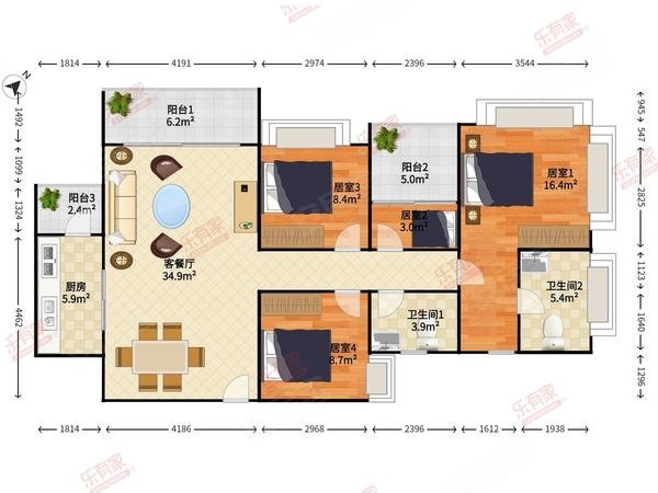 皇庭世茂裕玺4室2厅2卫133㎡南北760万